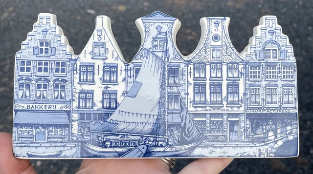 Vintage Delft Holland Dutch Blue Wall Ceramic Hanging Plaque Canal Houses
