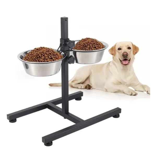 Pet Dog Food Feeding Station Stainless Steel Double Bowls Set Adjustable Stand