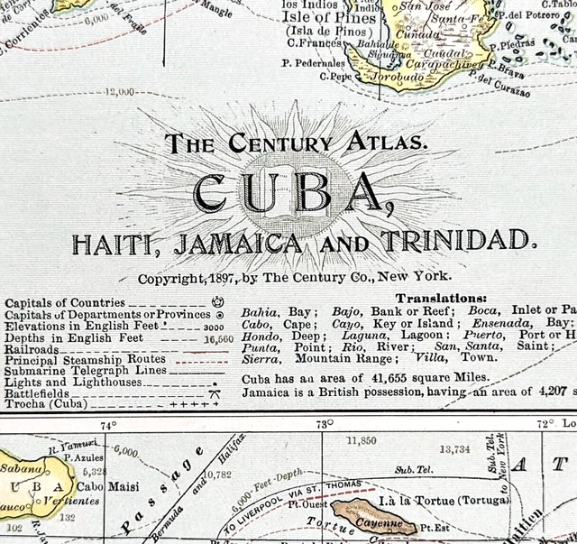 1899 Map Cuba Jamaica Haiti Dominican ORIGINAL STEAMSHIP ROUTES Havana Trinidad