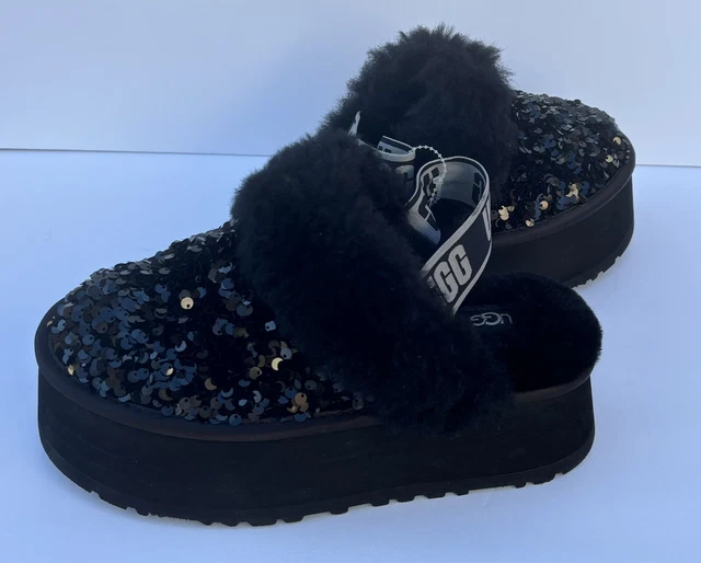 UGG FUNKETTE BLACK Suede Fur Platform Slippers Womens Size 8 NIB