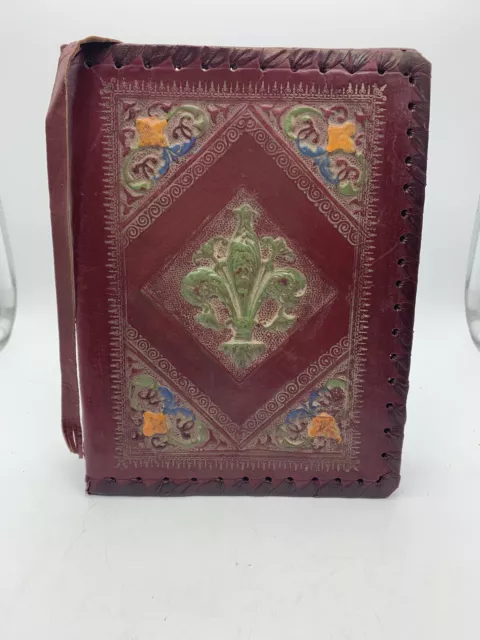 VTG ITALIAN TOOLED LEATHER BOOK COVER RED LEATHER FLORAL 6 3/4”x 8 3/4 FOLDED