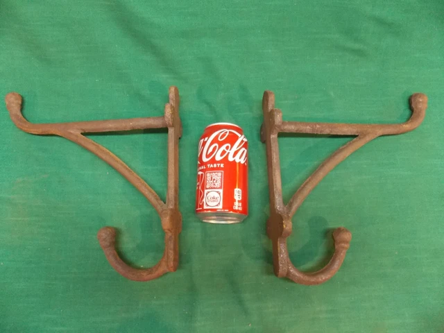 Pair of large 9 3/4" heavy cast iron coat hat hooks brackets hangers. Vintage