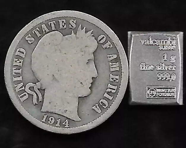 Rare Old 1914 Silver Barber US Coin Collection Dime 99.999% VALCAMBI Bar Lot W44