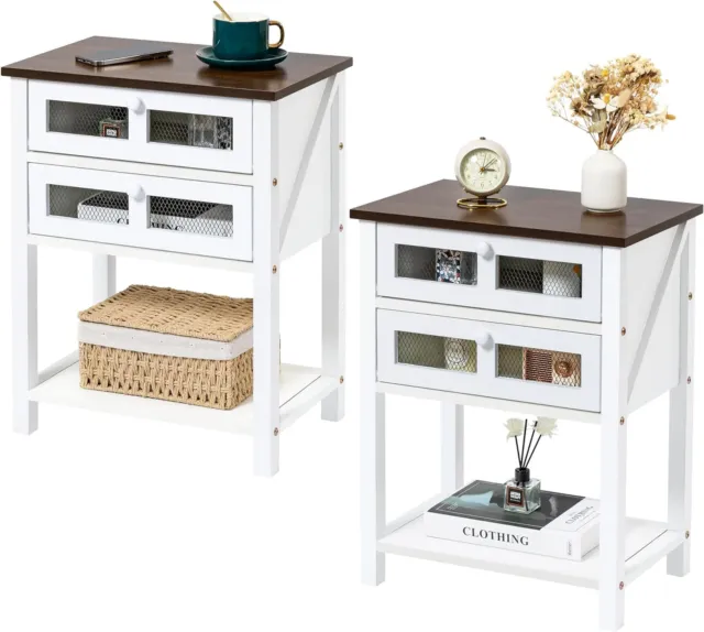 White Nightstands Set of 2, Farmhouse End Table with Flip Drawer Open Storage