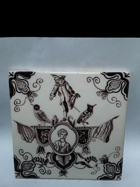 Ancien Carreau Faience Delft Décor Animal Cerf Manganèse Tiles Azulejos 13cm