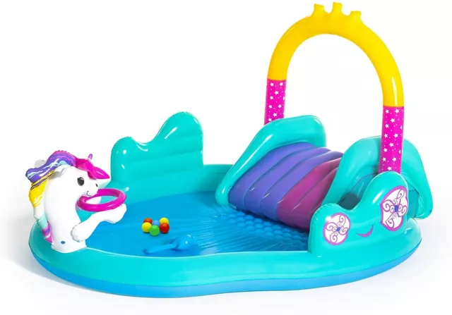 Unicorn Paddling Swimming Pool Inflatable Play Centre Water Slide & Hoop Game