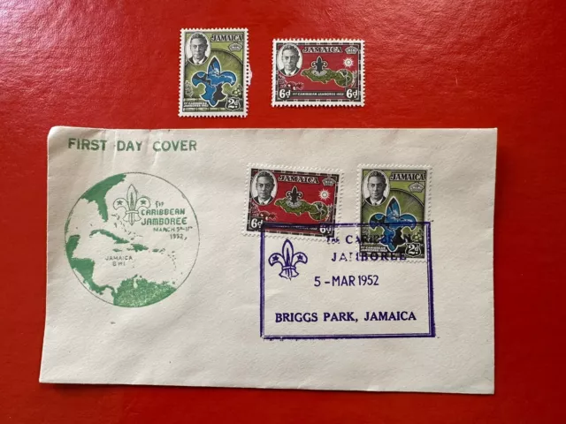 1952 KGVI JAMAICA FDC BOY SCOUTS CACHET ~ UNADDRESSED!! w/Jamboree Cancel PLUS