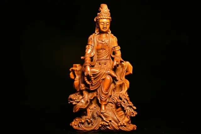 Chinese Natural Boxwood Hand carved Exquisite Guanyin Statue   23468