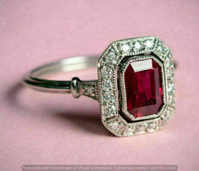 2Ct Radiant Cut Lab-Created Red Ruby Vintage Engagement Ring 925 Sterling Silver