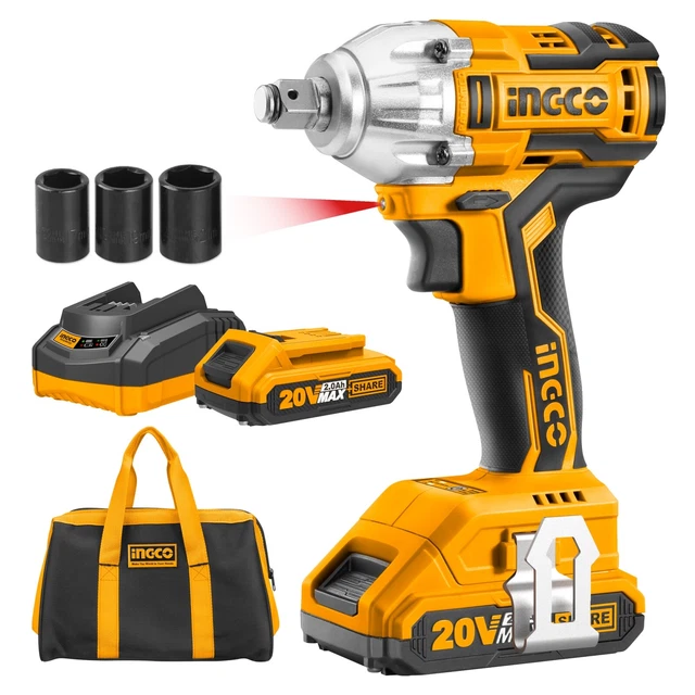 INGCO 20V CORDLESS Impact Wrench Set, Brushless LithiumIon 1/2 Inch
