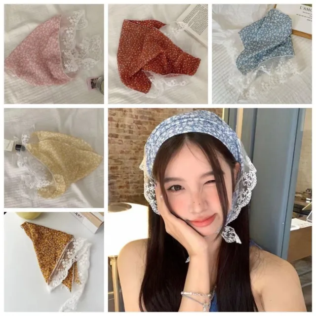 French Style Head Scarf Y2K Lace Headband Flower Lace Triangle Scarf  Girls