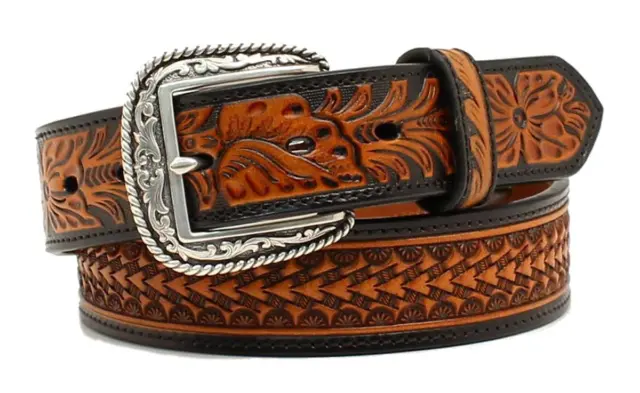 Ariat Western Mens Belt Leather Tooled Floral Basketweave Black Tan A1020867