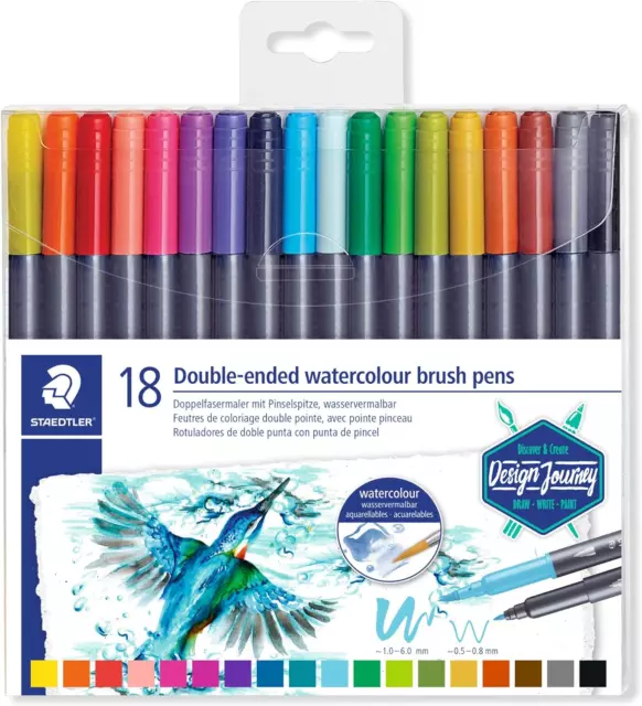 STAEDTLER Double-Ended Watercolour Brush Pens 18 Pack, Assorted Colours, 3001 TB