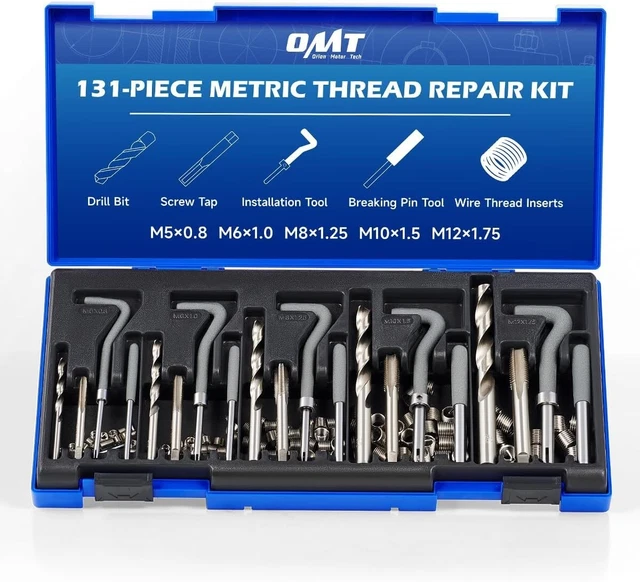 Réparation Mécanique Kit Réparation Filetage 131 Pièces - M5 à M12 Inserts Acier Inox Jeu Réparation Filet Abîmé