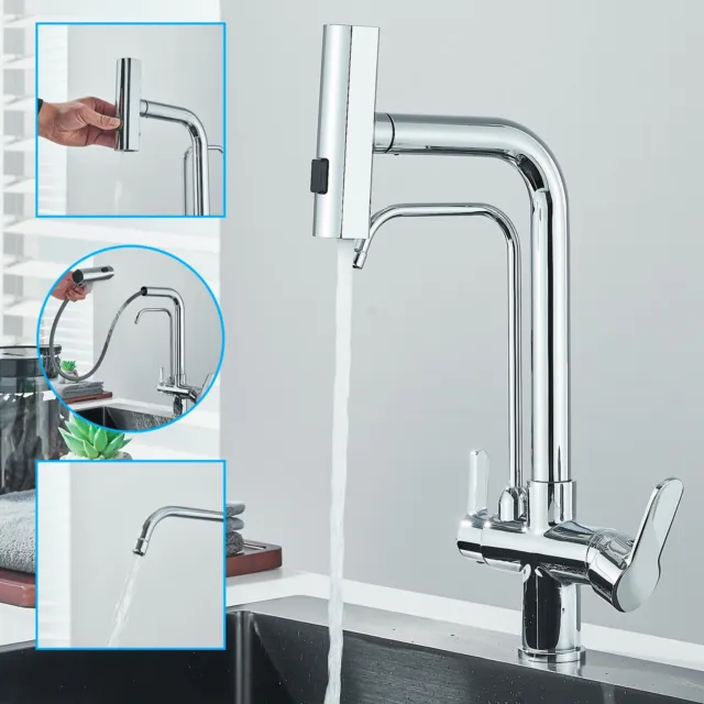 Kitchen Mixer Sink Tap 3 Way Double Handle Pure Water Drinking Water Filter Tap