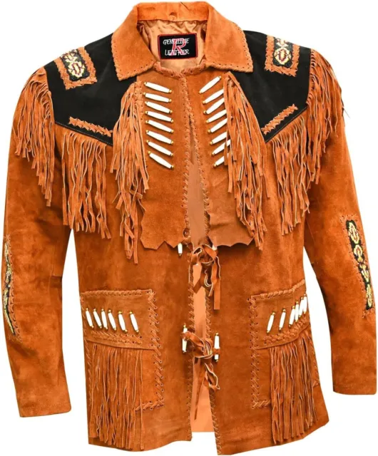 Native American Men Western Cowboy Leather Jacket with Fringe and Bead Art Work