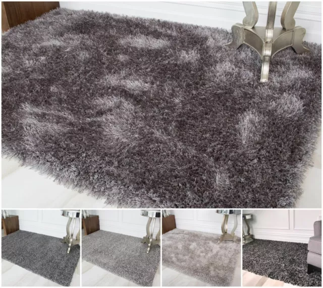 Fluffy Silver Grey Shaggy Rugs Soft Furry Gray Thick Non Shed Living Room Rug UK
