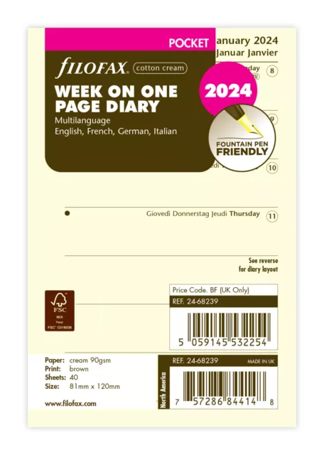 Filofax 24-68239 Pocket Kalendereinlage 1Woche/1Seite cotton cream 2024