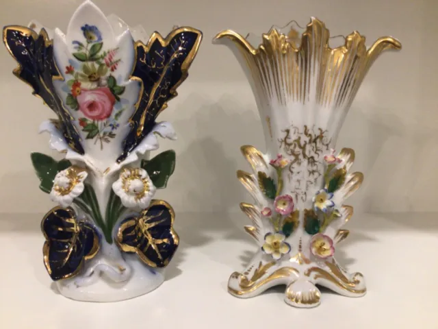 Antique French Old Paris Porcelain Hand Painted Encrusted Flowers Vases Urns