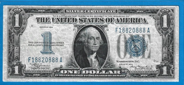 1934 $1 Silver Certificate Funny Back Note,Blue Seal,Circ VF,Nice!.