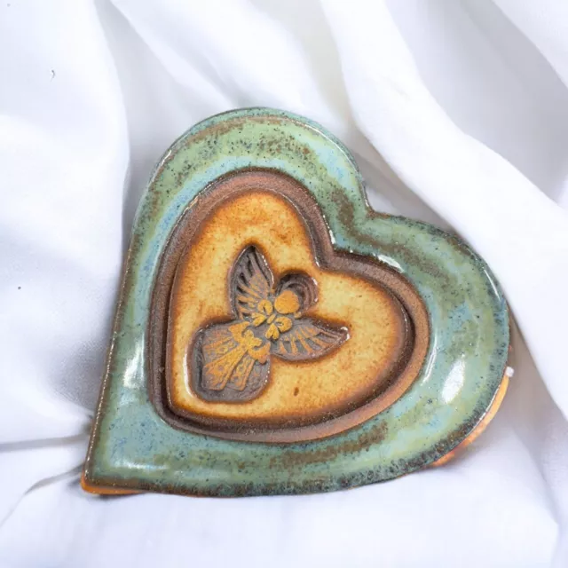 Studio Art Pottery Hand Made Blue Heart Shaped Small Dish Trinket Signed JK