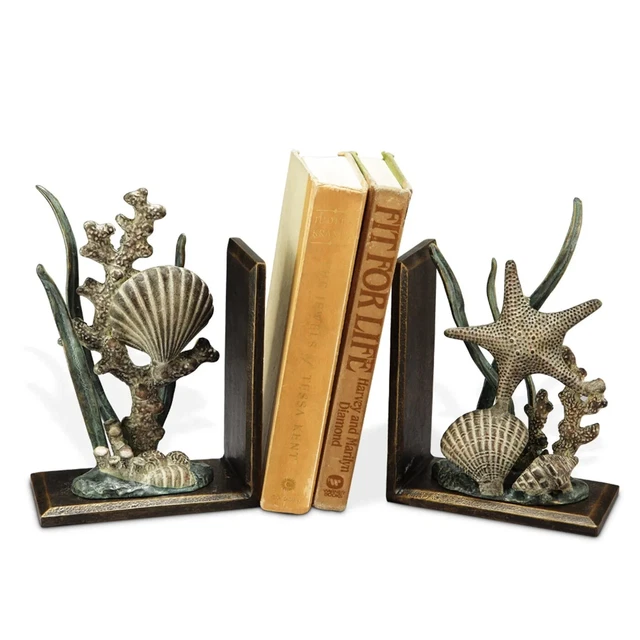 Cast Metal Brass Painted Pair Of And Iron Shell Bookends 8.5 Inches Height