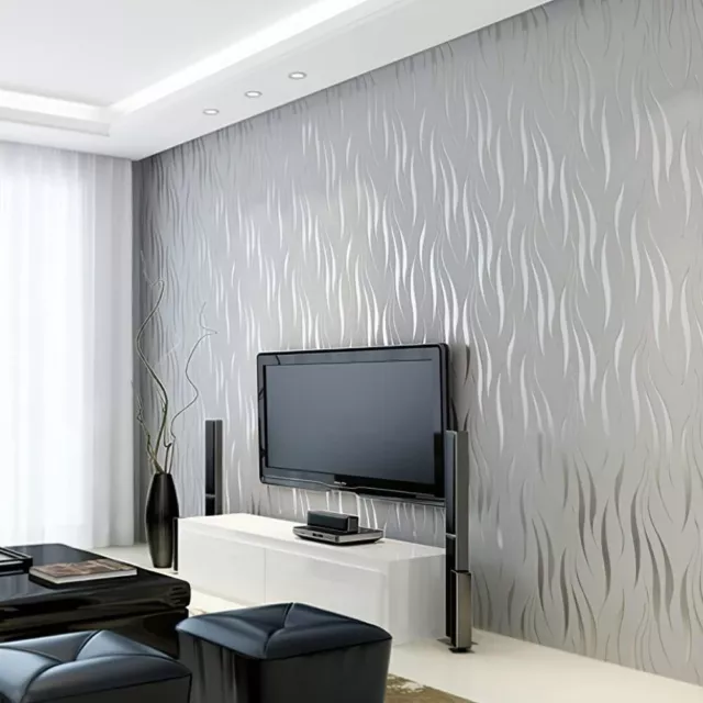 3D Embossed Wave Wallpaper Silver Grey Non-woven Living Room Wall Covers Decors