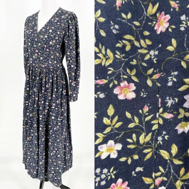 LAURA ASHLEY DITSY Floral Vintage Long Sleeve V Neck Wrap Bust Dress US ...