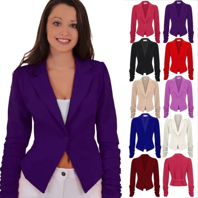 Ladies Celeb Ruched Sleeve Button Up Tailored Fitted Smart Office Jacket Blazer