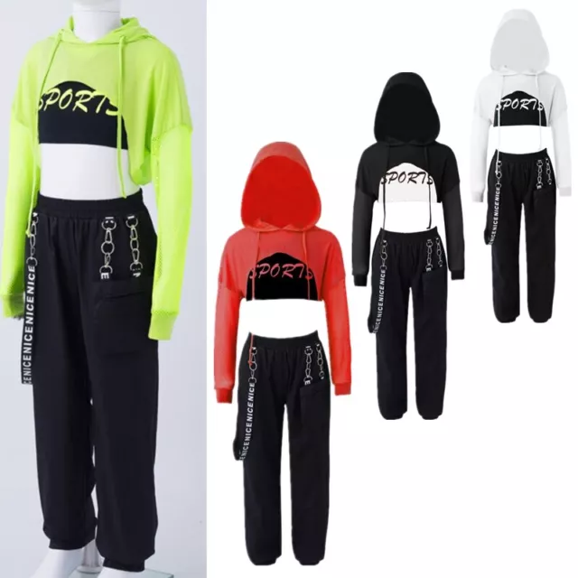 Kids Girls Tracksuit Crop Hoodie Top with Trousers Sets for Hip Hop Street Dance