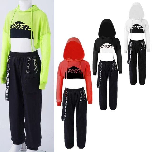 Kids Girls Tracksuit Crop Hoodie Top with Trousers Sets for Hip Hop Street Dance