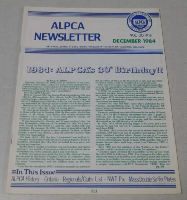 December 1984 ALPCA license plate newsletter magazine ALPCA history