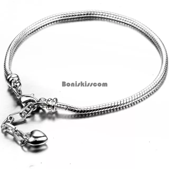 Women Silver Tone Snake Chain Bracelet Heart Charm Lobster Clasp European Bangle