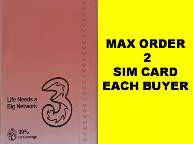 3 THREE Tariff Unlimited Data Sim Card Pay As You Go PAYG buy 2 for 94p