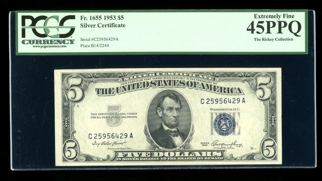 DBR $5 1953 Silver Fr. 1655 CA Block PCGS 45 PPQ Serial C25956429A