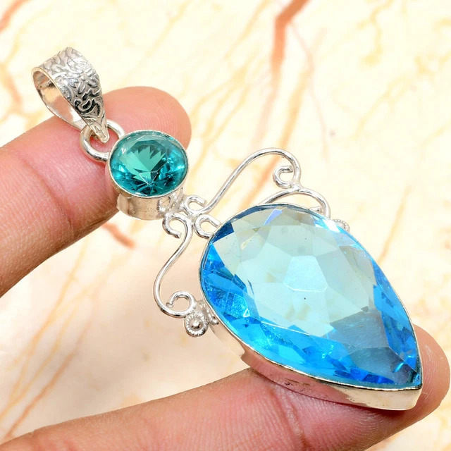 Swiss Blue Topaz Gemstone Handmade Gift Jewelry Pendant 2.55" W894