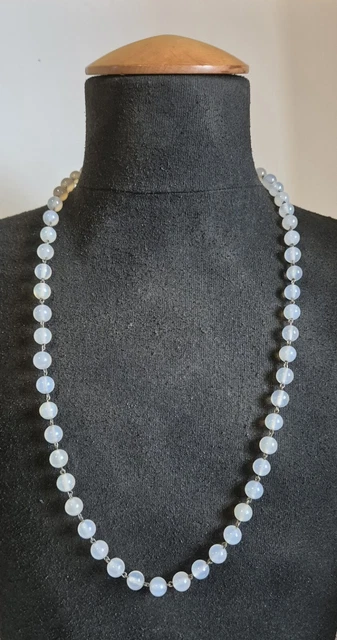 Collier Long Ancien Second Empire - Perles En Verre Opalescent Blanc, Longueur 71-80 Cm