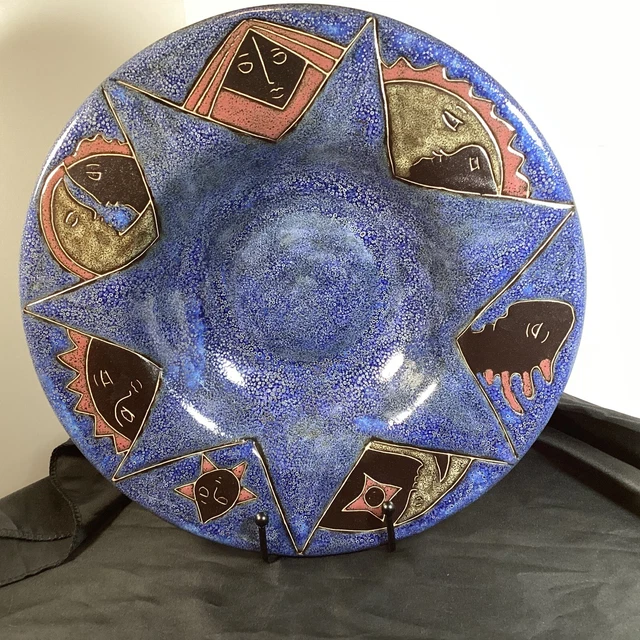Design By Mara Mexico Signed Pottery Bowl Rimmed Blue Gold Pink Sun Moon Faces 