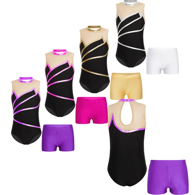Kids Girls Bodysuit Practice Gymnastics Patchwork Leotard And Shorts Toddler