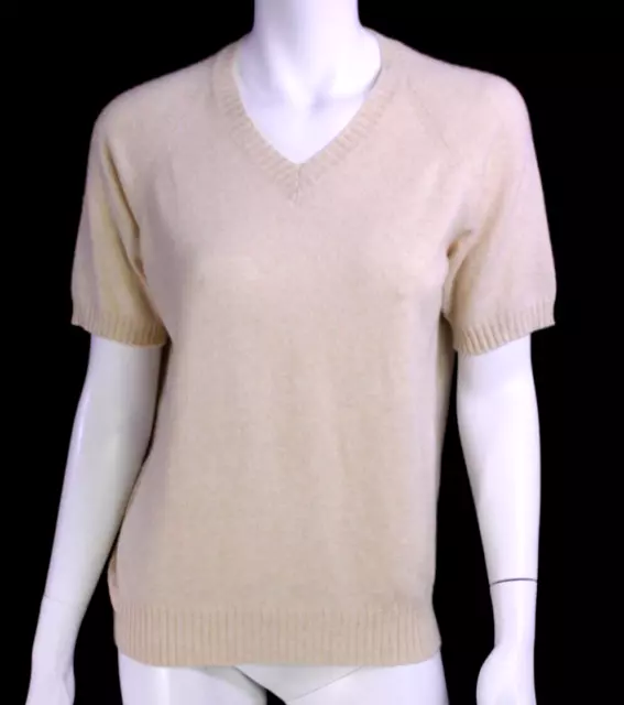 BRUNELLO CUCINELLI Beige Cashmere Knit Short Sleeve V-Neck Sweater L