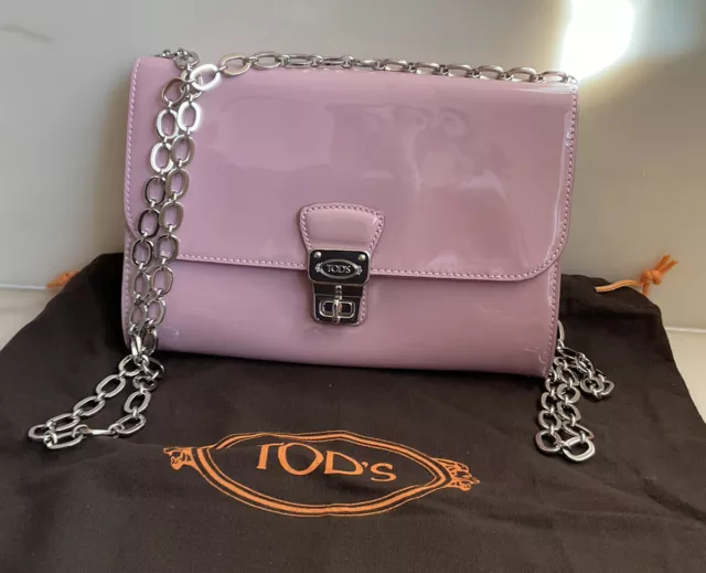NWT Tod’s Authentic Shoulder Bag  Clutch With Silver Chain Patent Leather Pink