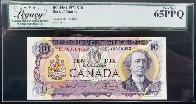 1971 Bank of Canada $10 Lawson & Bouey Low Serial #493 GEM UNC65 PPQ BC-49c