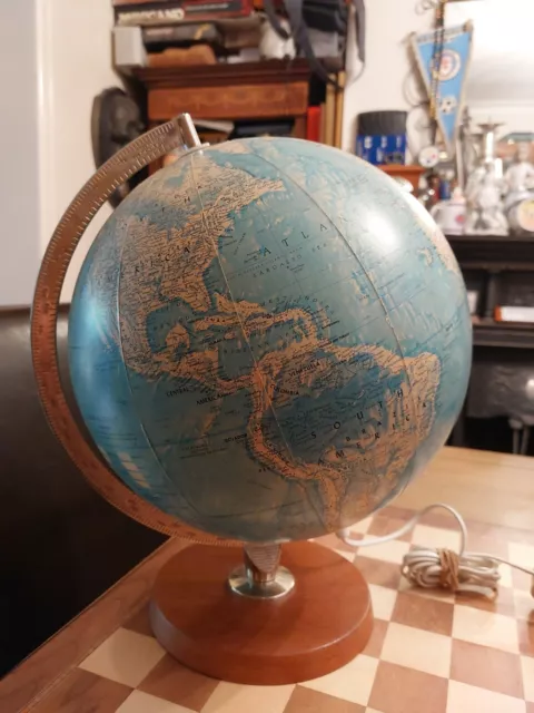 RARE Vintage 1969 SCAN-GLOBE A/S Denmark 12” Illuminated Globe on Wooden Plinth