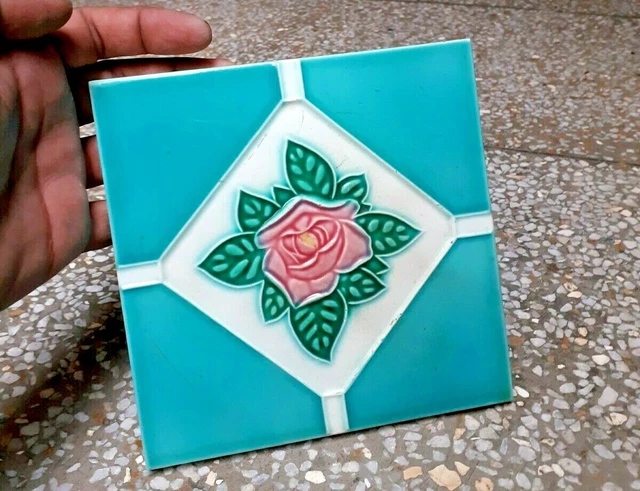Rare Flower Ceramic Tiles Porcelain Pink Vintage Art Dk Made In Japan