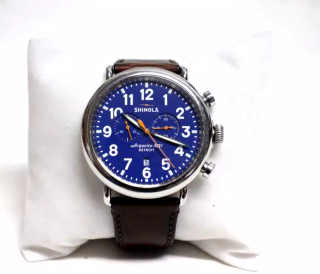 Shinola Runwell Chrono 47MM Blue Dial Brown Leather Strap Watch S0100047