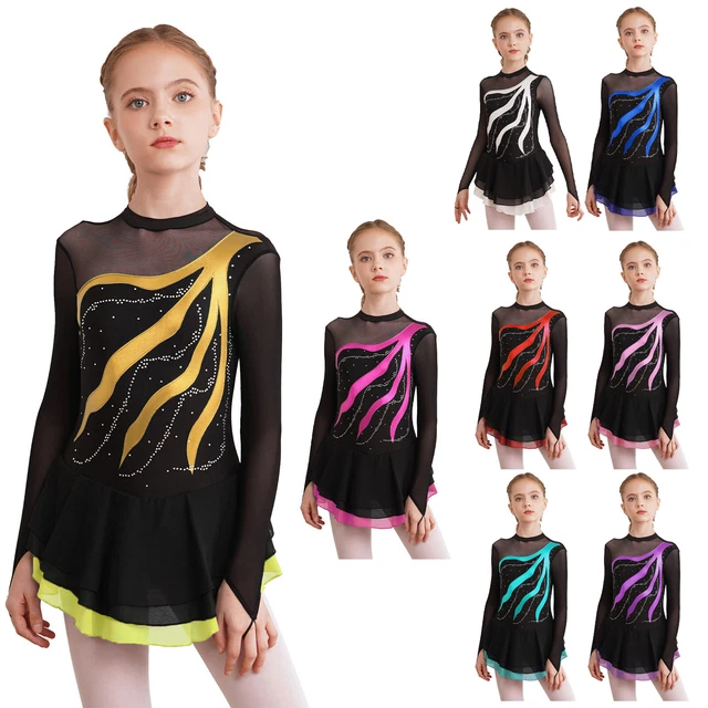 IEFiEL Mädchen Eiskunstlauf Kleid – Langarm, Mit Glitzer & Strass, Mesh-Einsatz, Für Ballett & Tanz