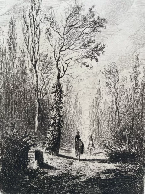Large 19th Signed Romantic Engraving Horse Ride in the Woods