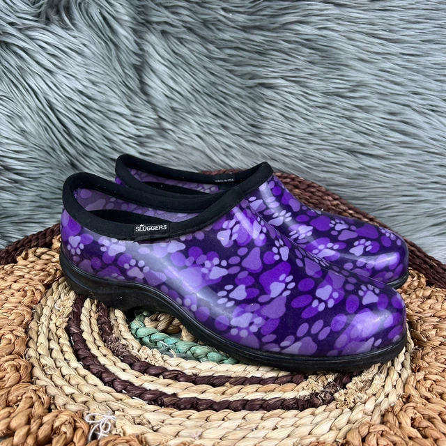 Sloggers Sz 10 Womens Garden Shoes Purple Paw Print Waterproof Casual Slip Ons