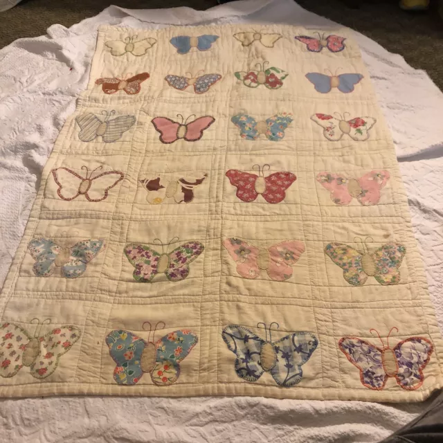 Vintage Handmade Butterfly Quilt For Baby 40 Inch By 28 Inch