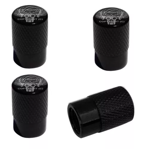 4 Black Billet Knurled Tire Wheel Valve Caps Car Truck PUNISH FLAME SKULL BK